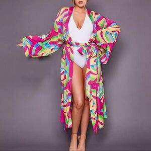 Bohemian Casual Long Kimono Duster Cardigan Lounging Beach Coverup
